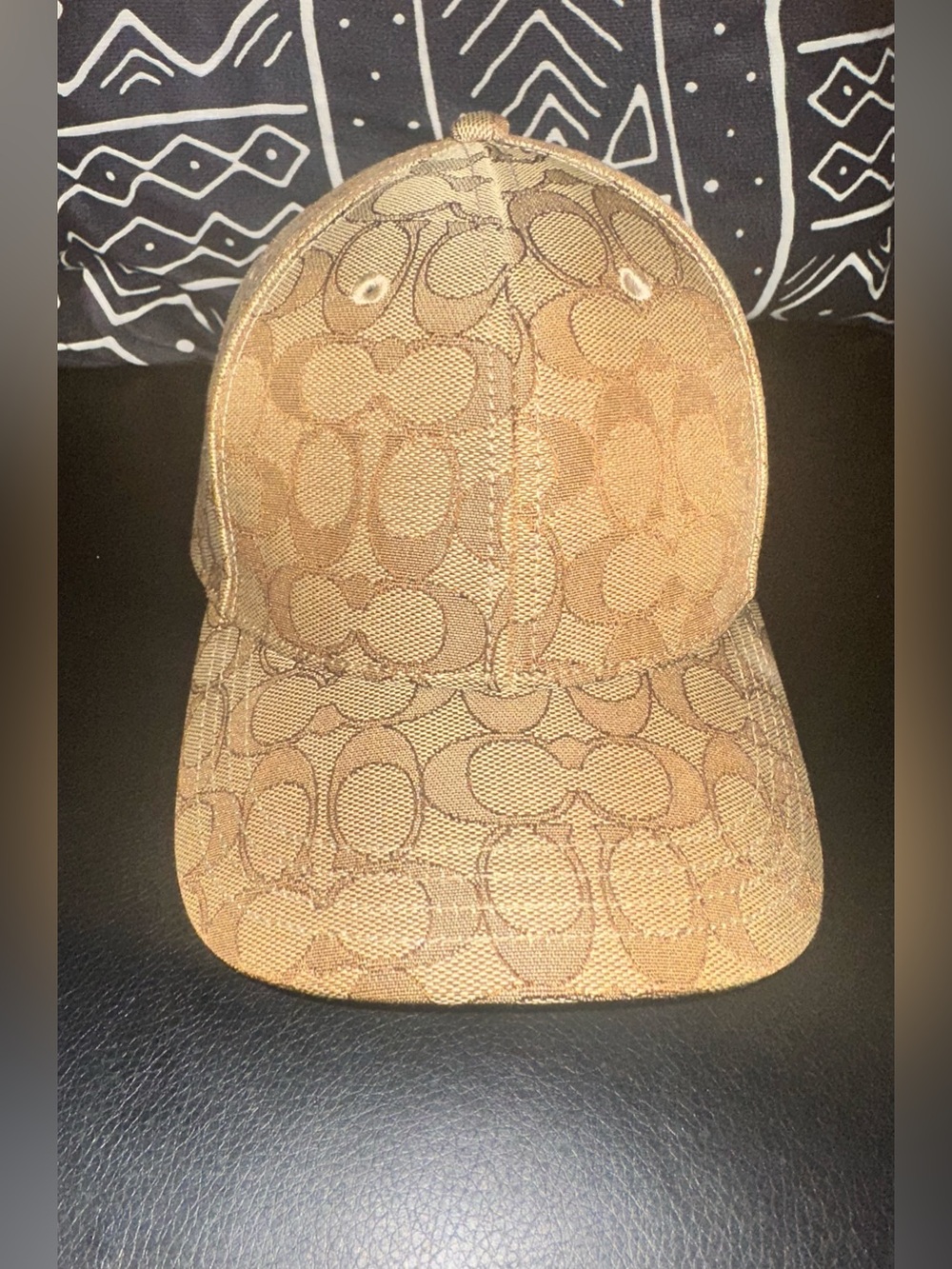 Coach Monogram Canvas Cap in Tan and Brown with Rust Leather Strap